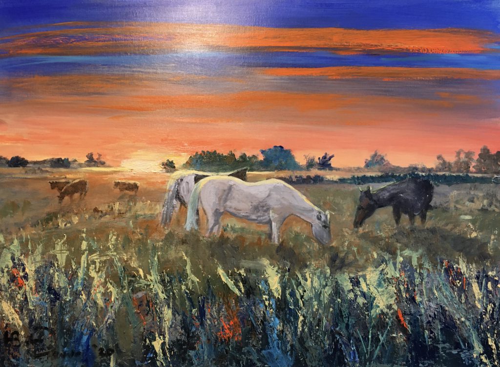 Paarden bij zonsondergang achter Sandebuur